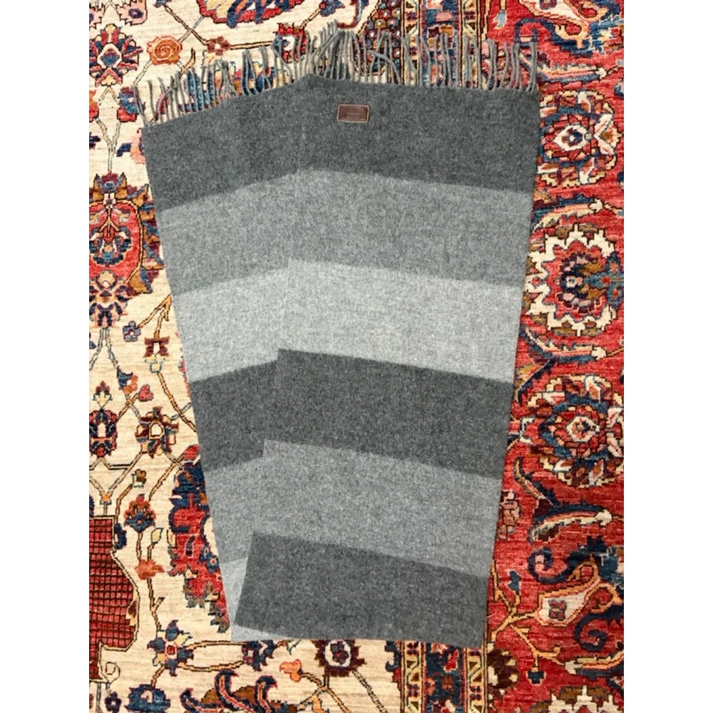 Coach 100% Lambswool Ombre Gray Stripe Fringe Scarf Made in Scotland Unisex Wint